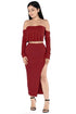 Red Plain 2-in-1 Boat Neck Sexy Nylon Midi Dress